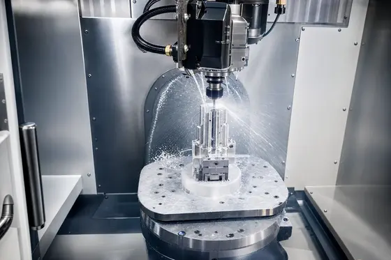 Five-axis trunnion machining a complex aluminum component