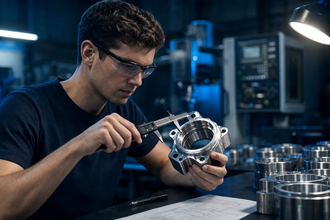 Machinist measuring a machined housing with digital calipers