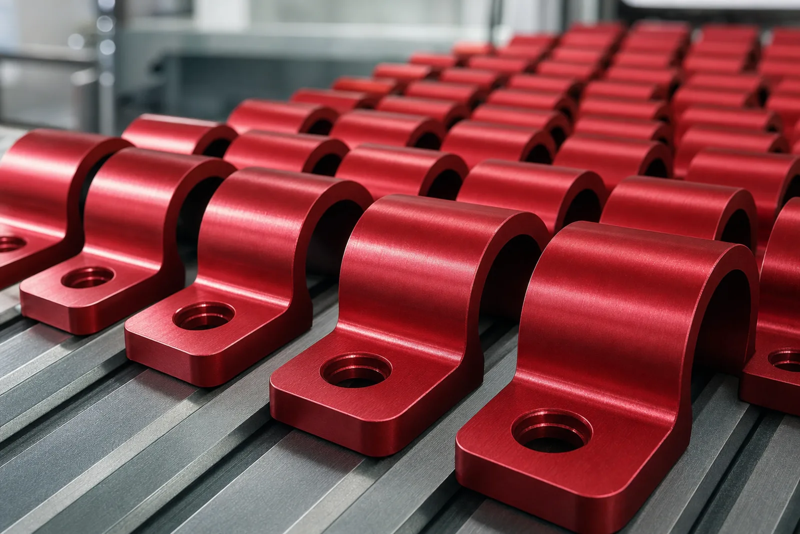 Rows of red-anodized machined clamp brackets after finishing